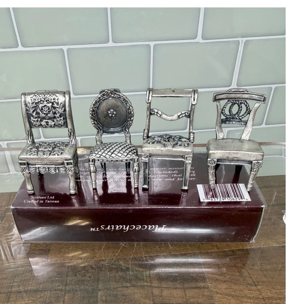 VTG Sixtrees Pewter Miniature Chairs Place Card Holders Set 8 Orig Box